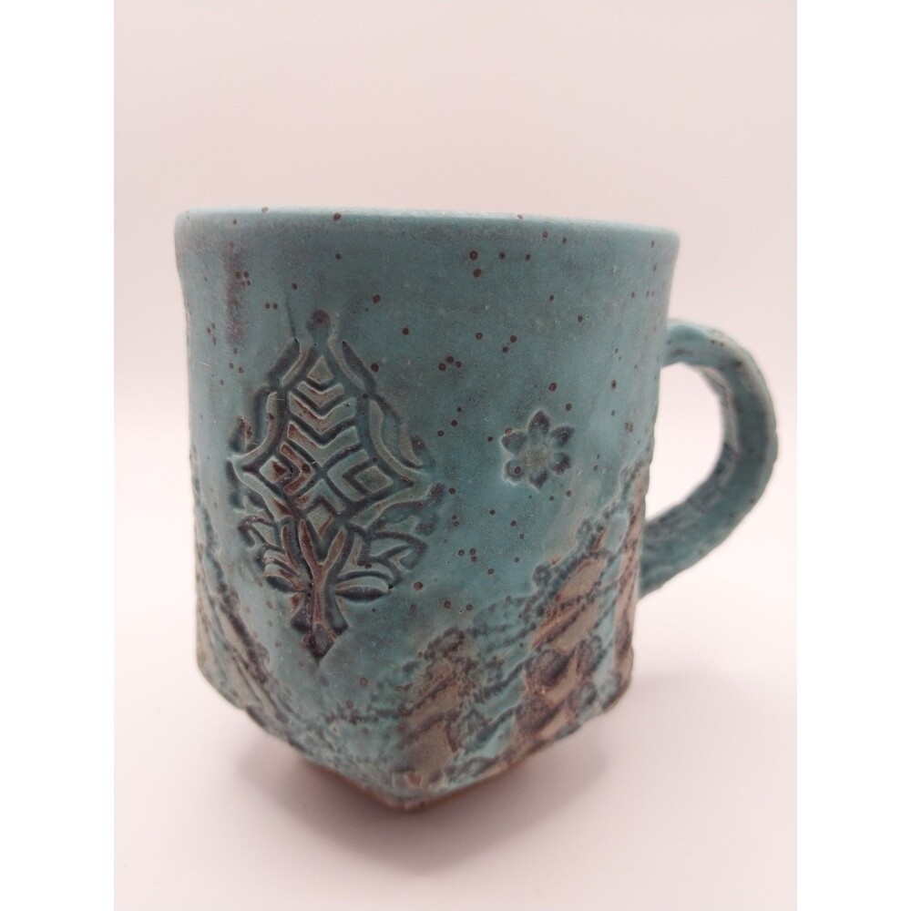Handbuilt Studio Art Pottery Mug Matte Turquoise Volcanic Crawl Glaze Signed Jf
